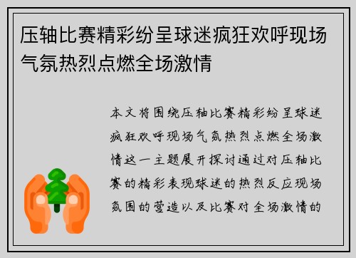 压轴比赛精彩纷呈球迷疯狂欢呼现场气氛热烈点燃全场激情