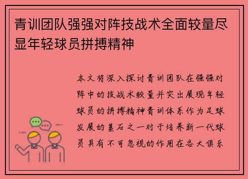 青训团队强强对阵技战术全面较量尽显年轻球员拼搏精神