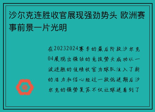 沙尔克连胜收官展现强劲势头 欧洲赛事前景一片光明