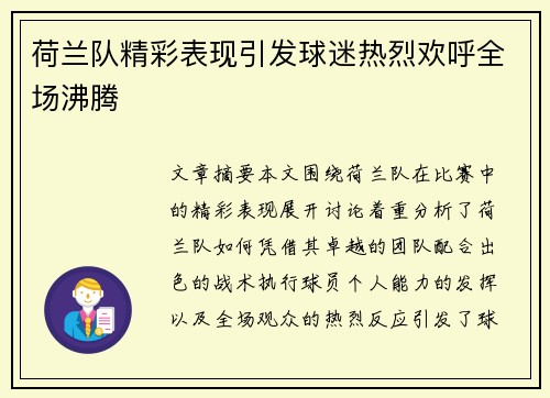 荷兰队精彩表现引发球迷热烈欢呼全场沸腾