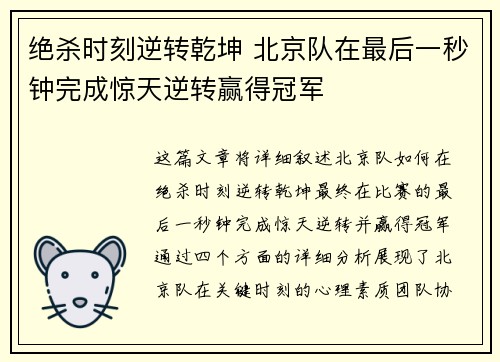 绝杀时刻逆转乾坤 北京队在最后一秒钟完成惊天逆转赢得冠军