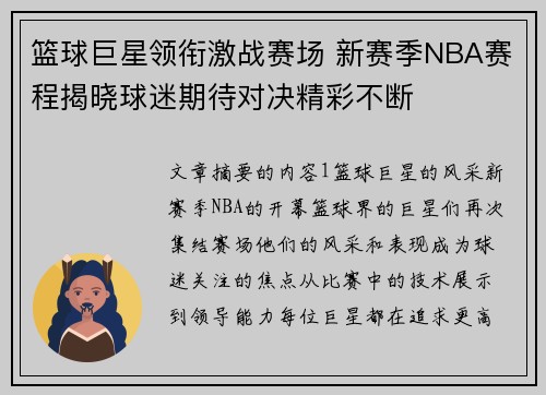 篮球巨星领衔激战赛场 新赛季NBA赛程揭晓球迷期待对决精彩不断
