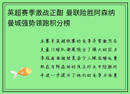 英超赛季激战正酣 曼联险胜阿森纳 曼城强势领跑积分榜